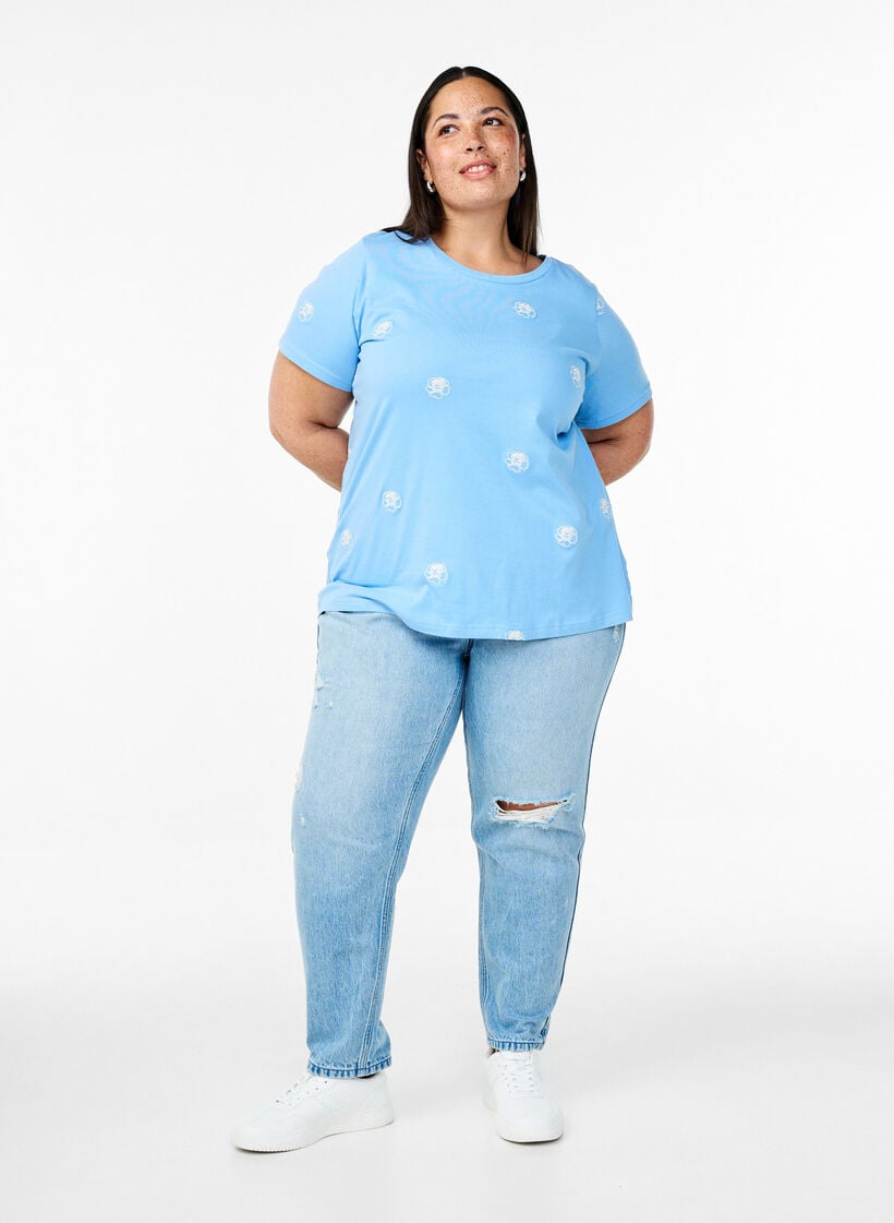 T-shirt in biologisch katoen met geborduurde motieven, Blauw, Model image number 1