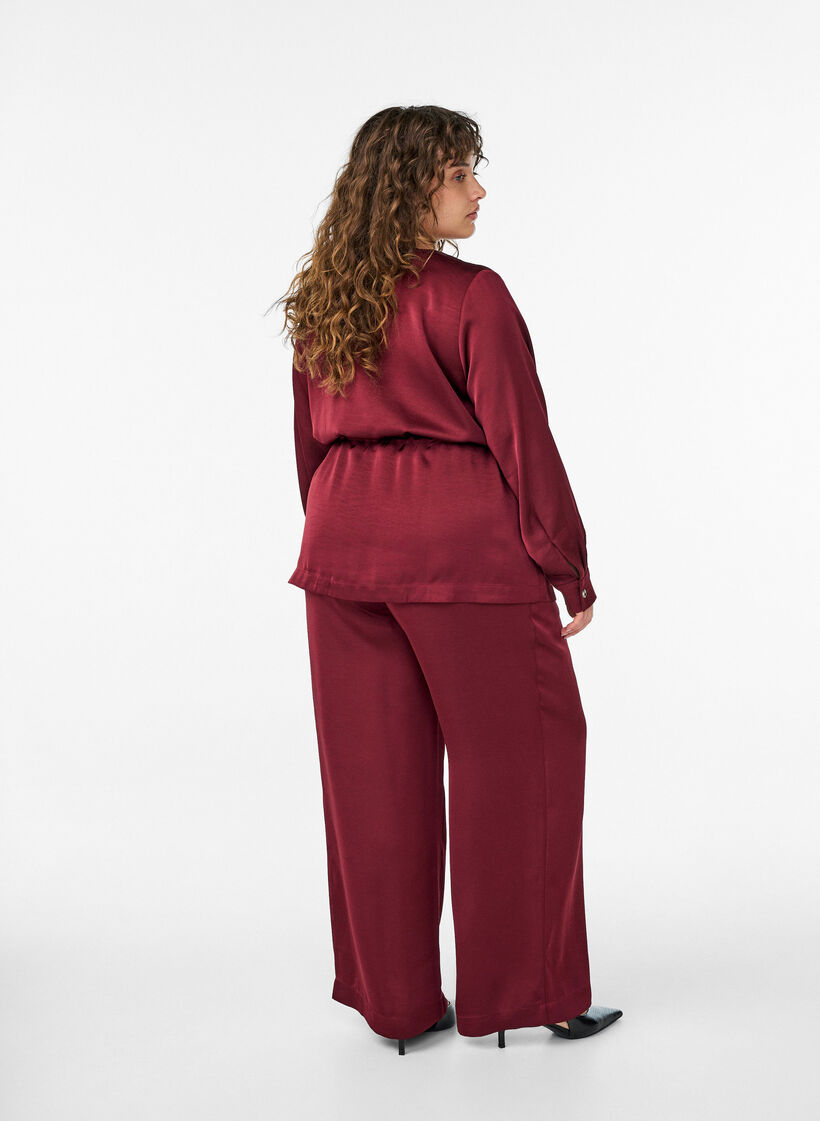 Satijnen-look broek met een high waist en wijde pijpen, Donker Bordeaux, Model image number 1