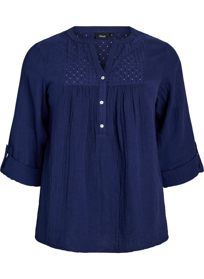 Blouse in katoenen mousseline met broderie anglaise, Blauw, Packshot image number 0