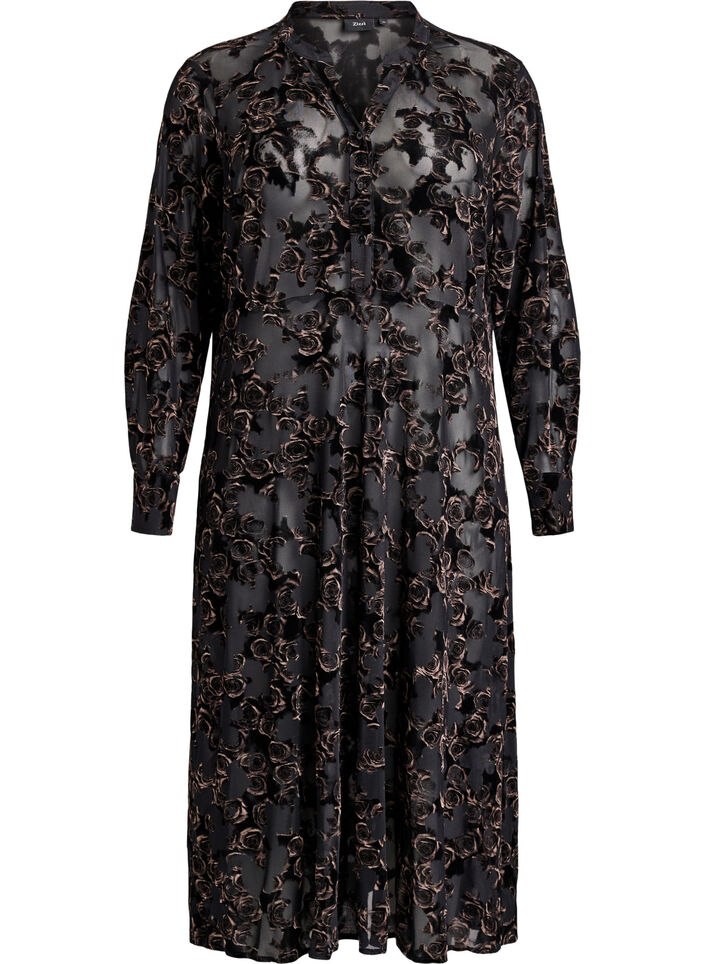 Halflange meshjurk met velours rozen, Zwart, Packshot image number 0