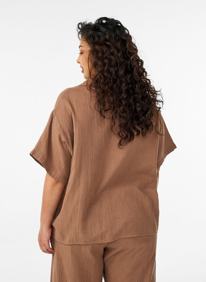 Katoenen mousseline blouse met korte mouwen, Bruin, Model image number 2