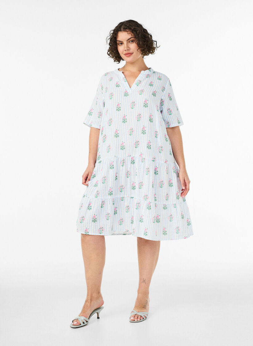 Korte A-lijn jurk in katoenen mousseline, Vanille, Model image number 1