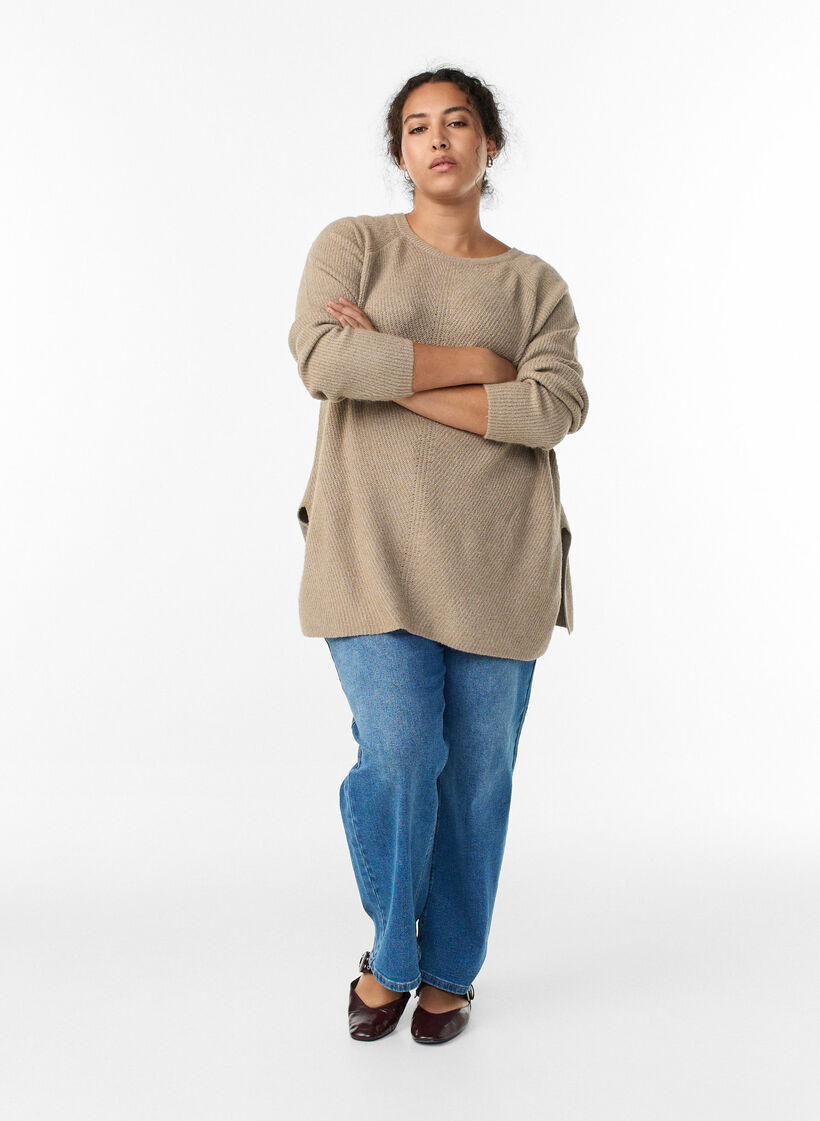 Gebreide trui met diagonale structuur en raglanmouwen, Beige, Model image number 1