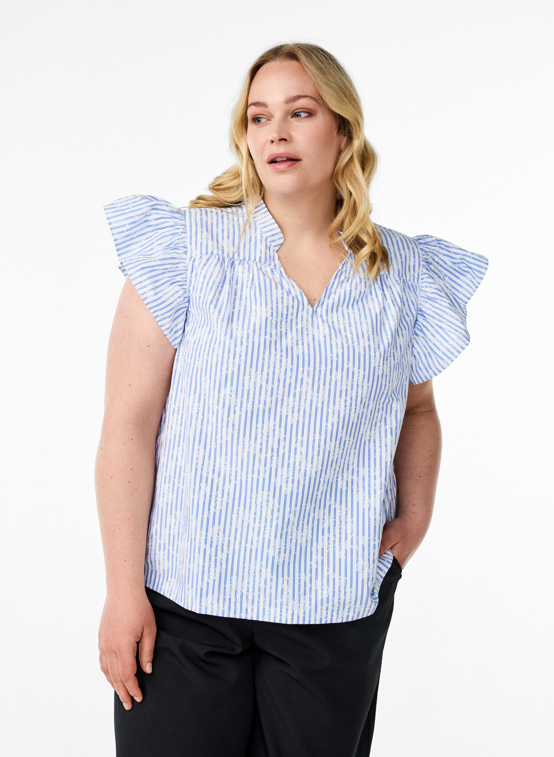 Mouwloze blouse met strepen en bloemenprint, Blauw, Model