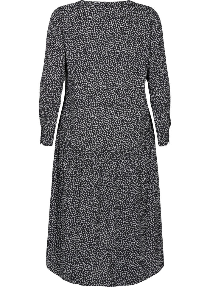Midi jurk met lange mouwen, Black Small Flower, Packshot image number 1