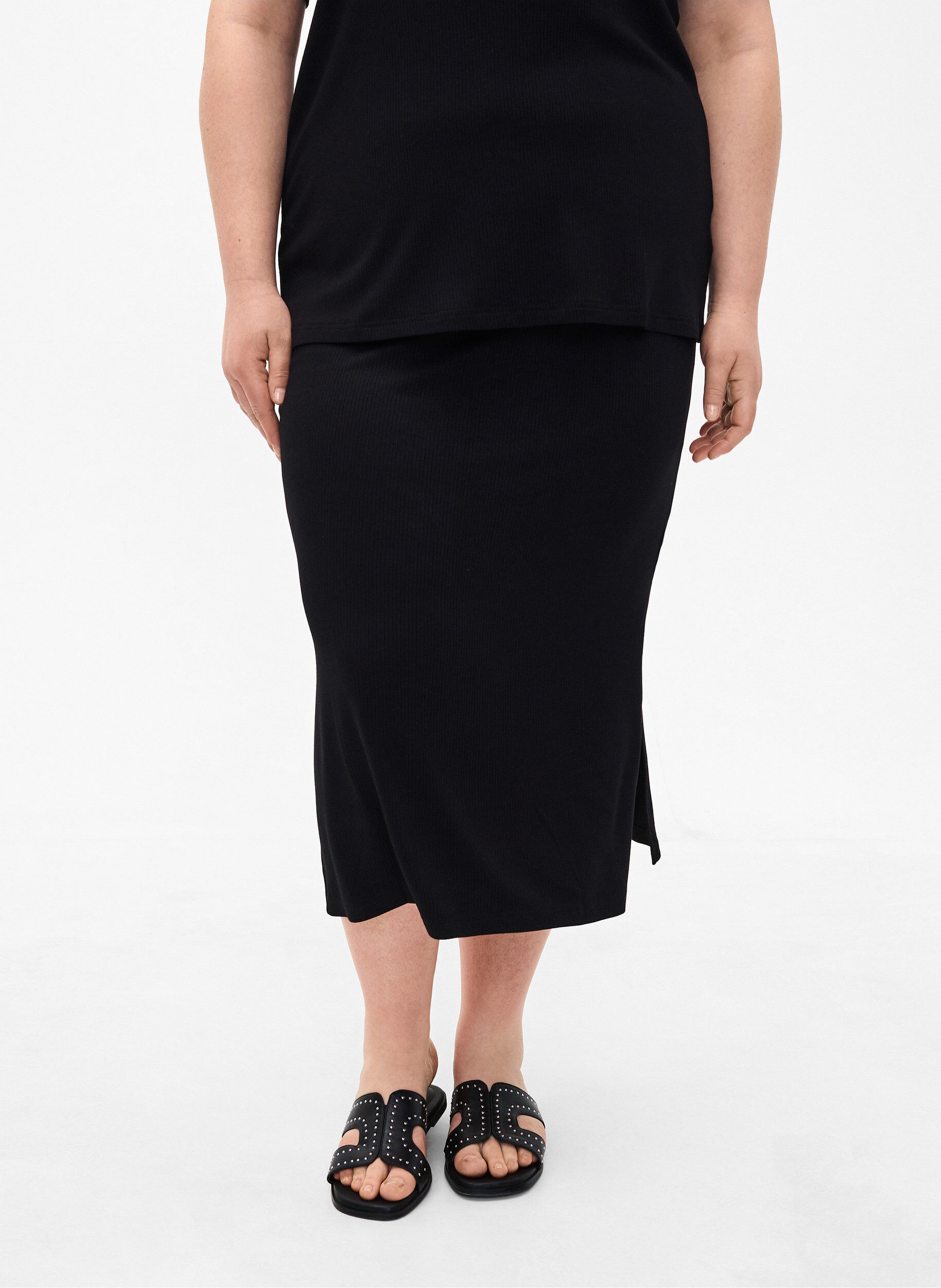 ZizziViscose midirok met slanke pasvorm, Zwart, Model image number 3