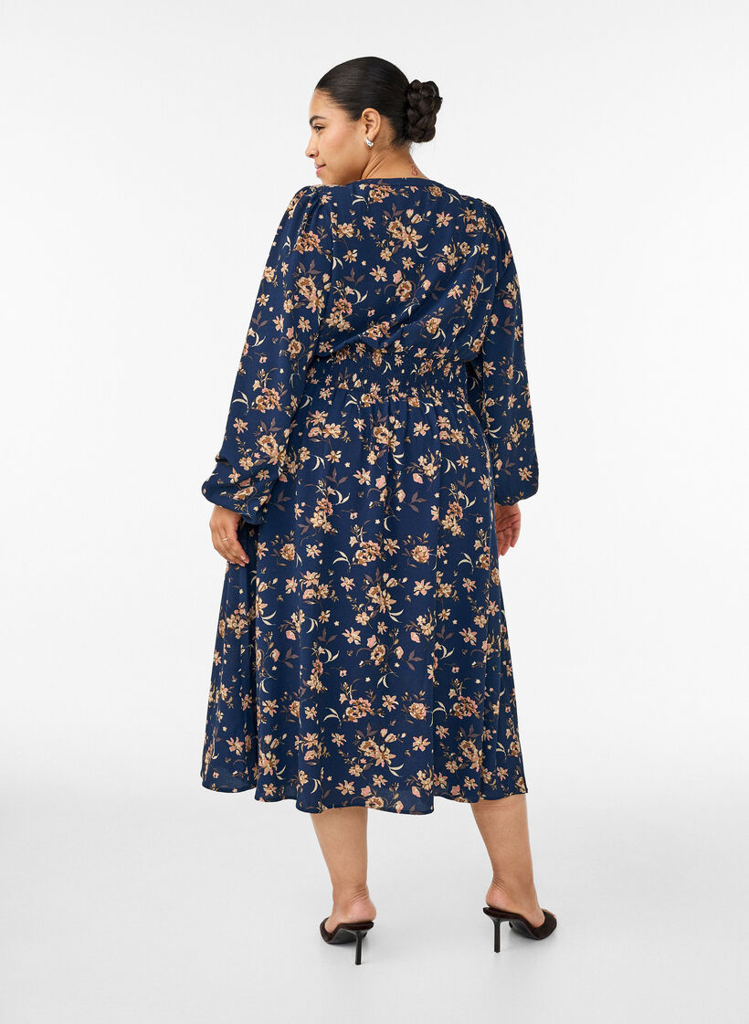 Midi-jurk met smock en decoratieve knopen, Blauw, Model image number 1