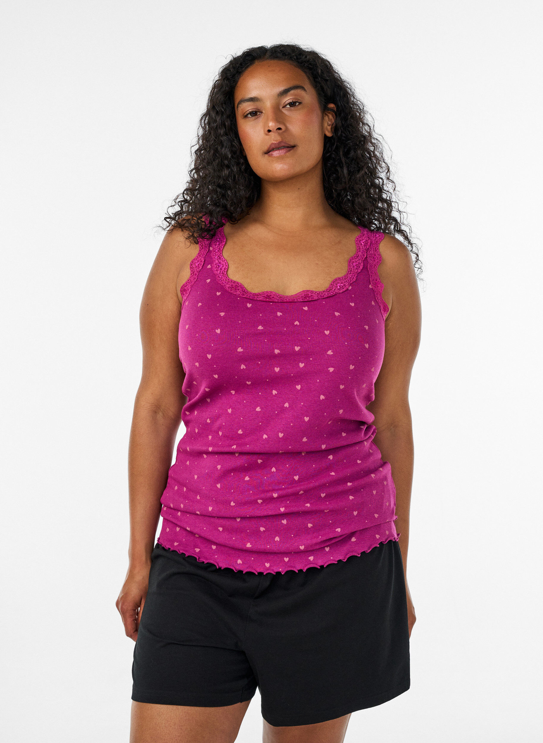 Top met print en kanten rand, Paars, Model