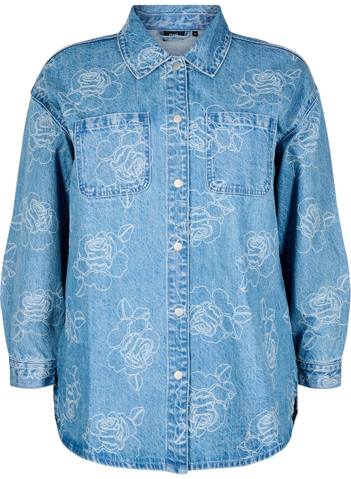Denim jasje met bloemen, Light Blue Denim, Packshot image number 0