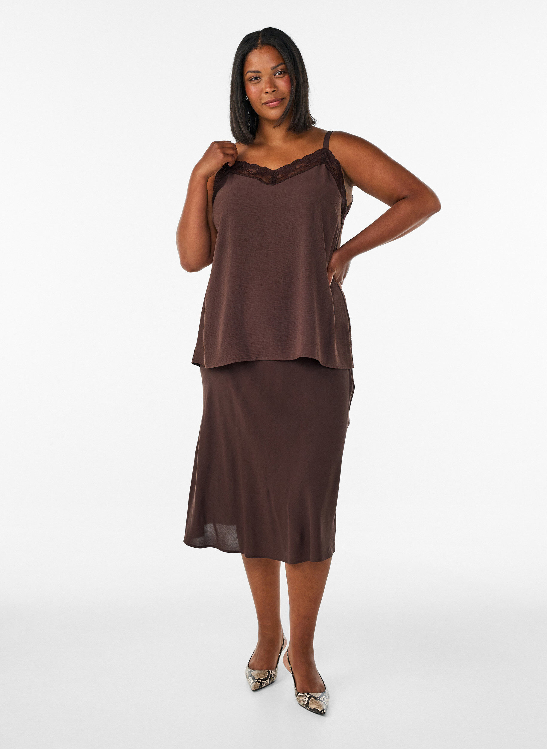 ZizziViscose rok met een elastische taille, Bruin, Model image number 1