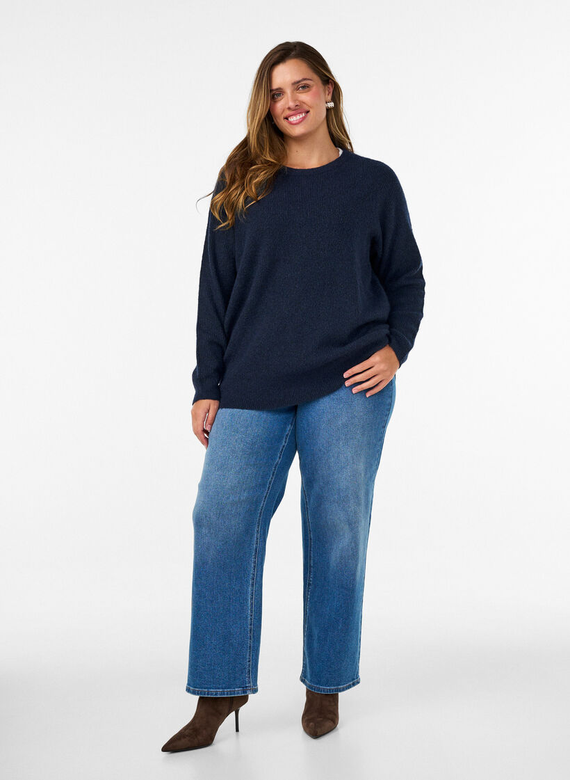 Gem&ecirc;leerde gebreide blouse met ronde hals, Blauw, Model image number 1