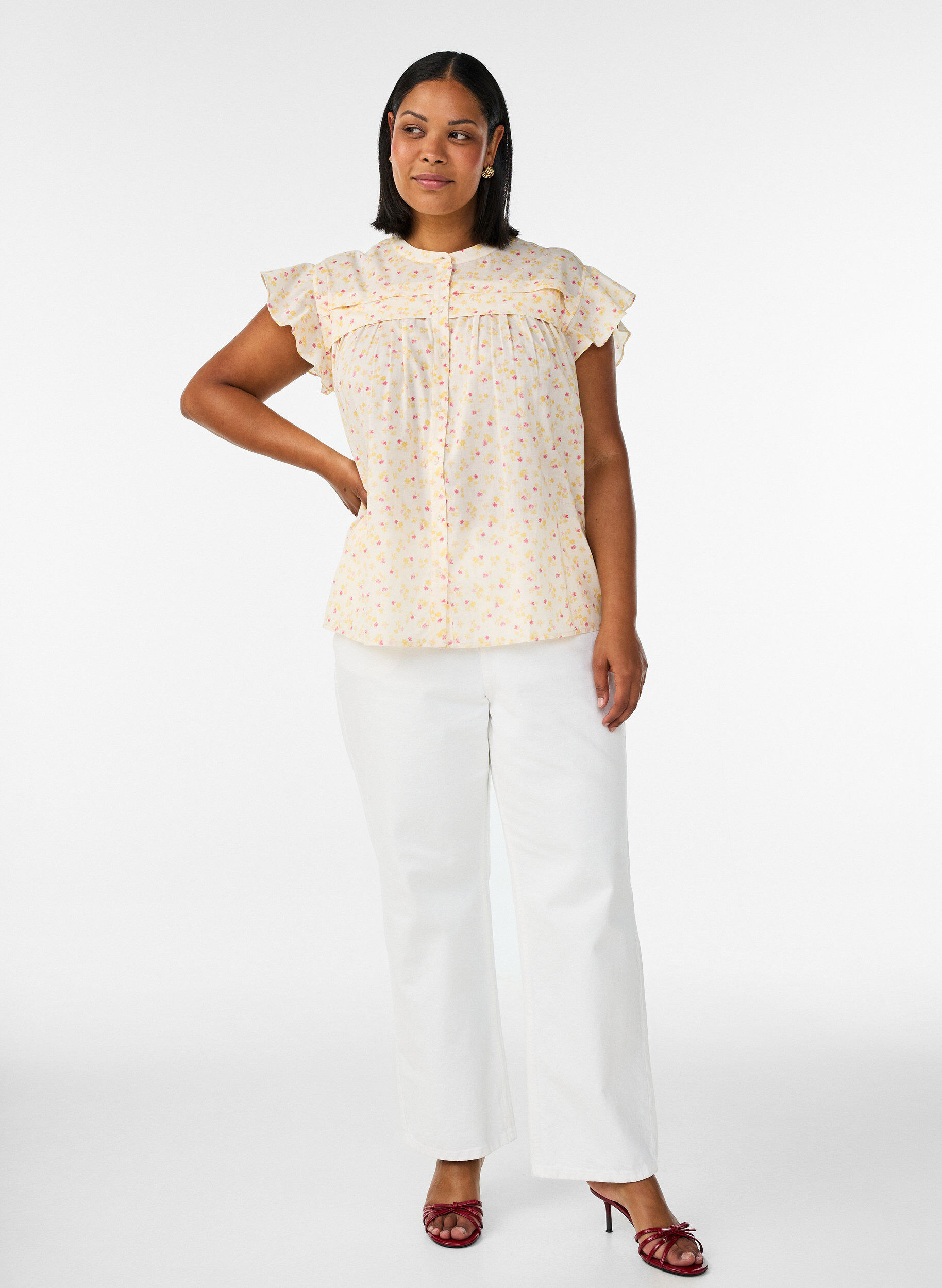 ZizziMouwloze A-lijn katoenen blouseshirt, Geel, Model image number 1