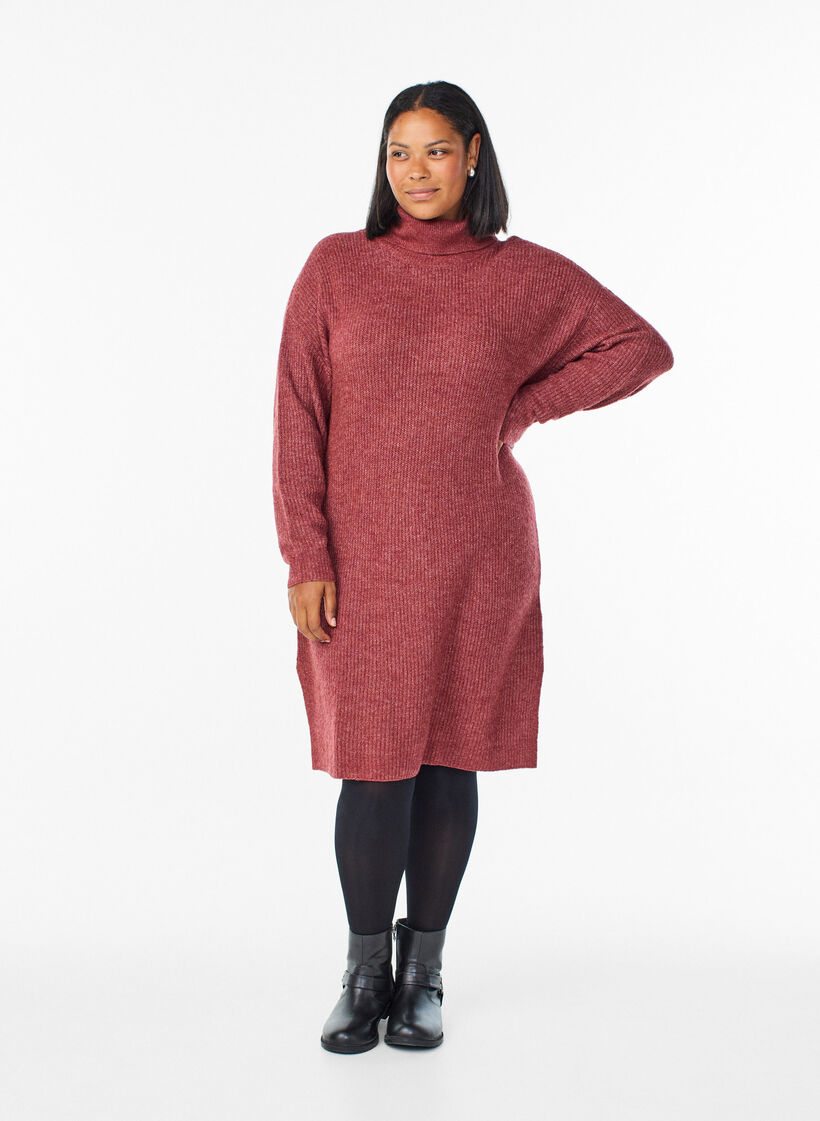 Gebreide jurk met col, Rood, Model image number 0