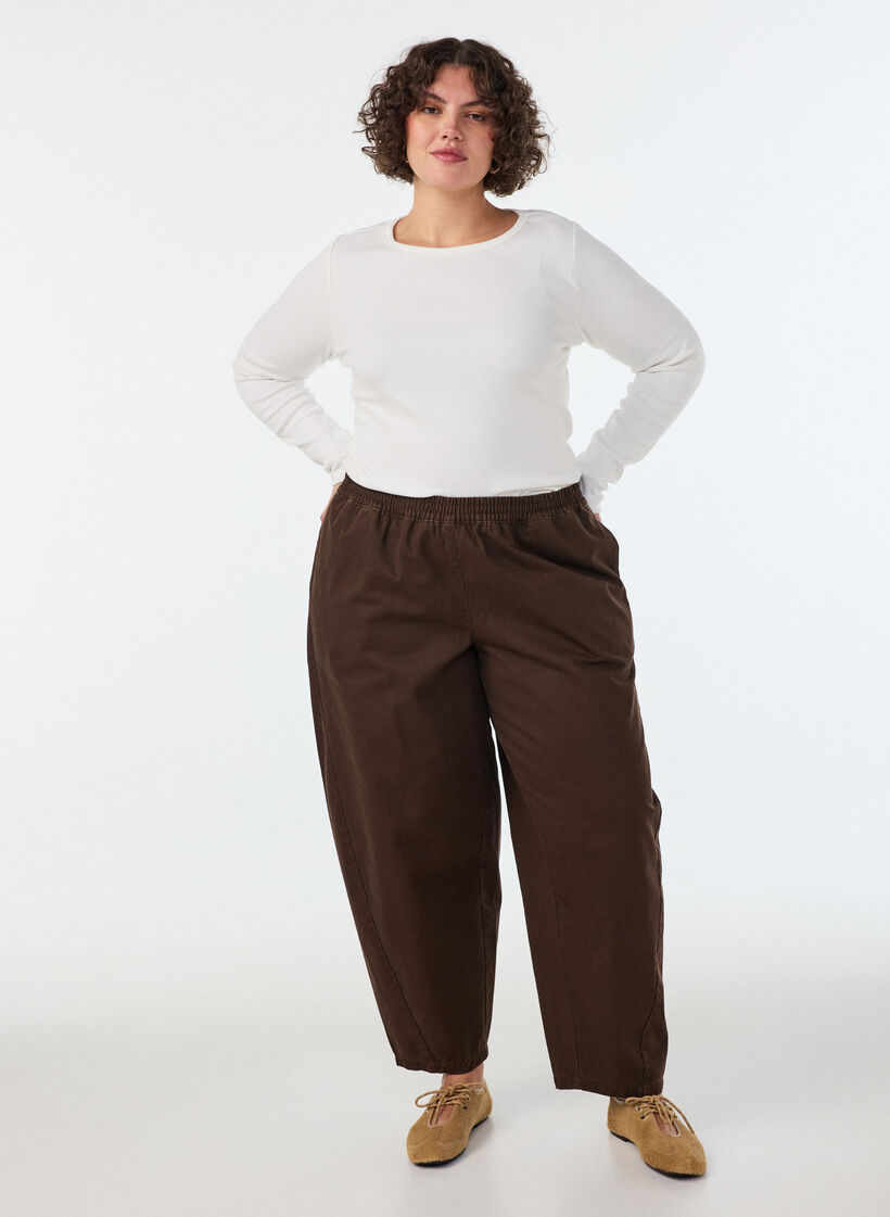 Barrel jeans met hoge taille en elastische tailleband, Bruin, Model image number 0