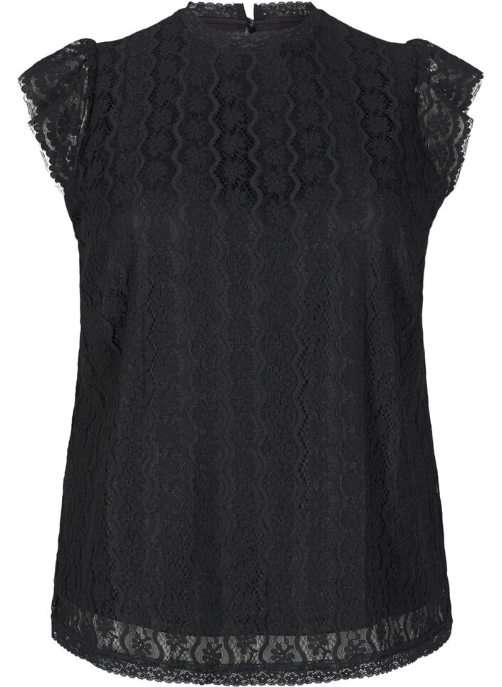 Kanten top met ruchesdetails, Black, Packshot