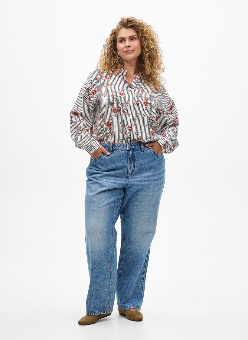 Shirt met bloemenprint en smalle strepen, Black Striped AOP, Model