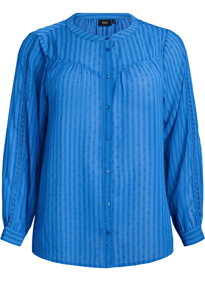 Shirt met een gestructureerd stippenpatroon en borduurdetails, Blauw, Packshot image number 0