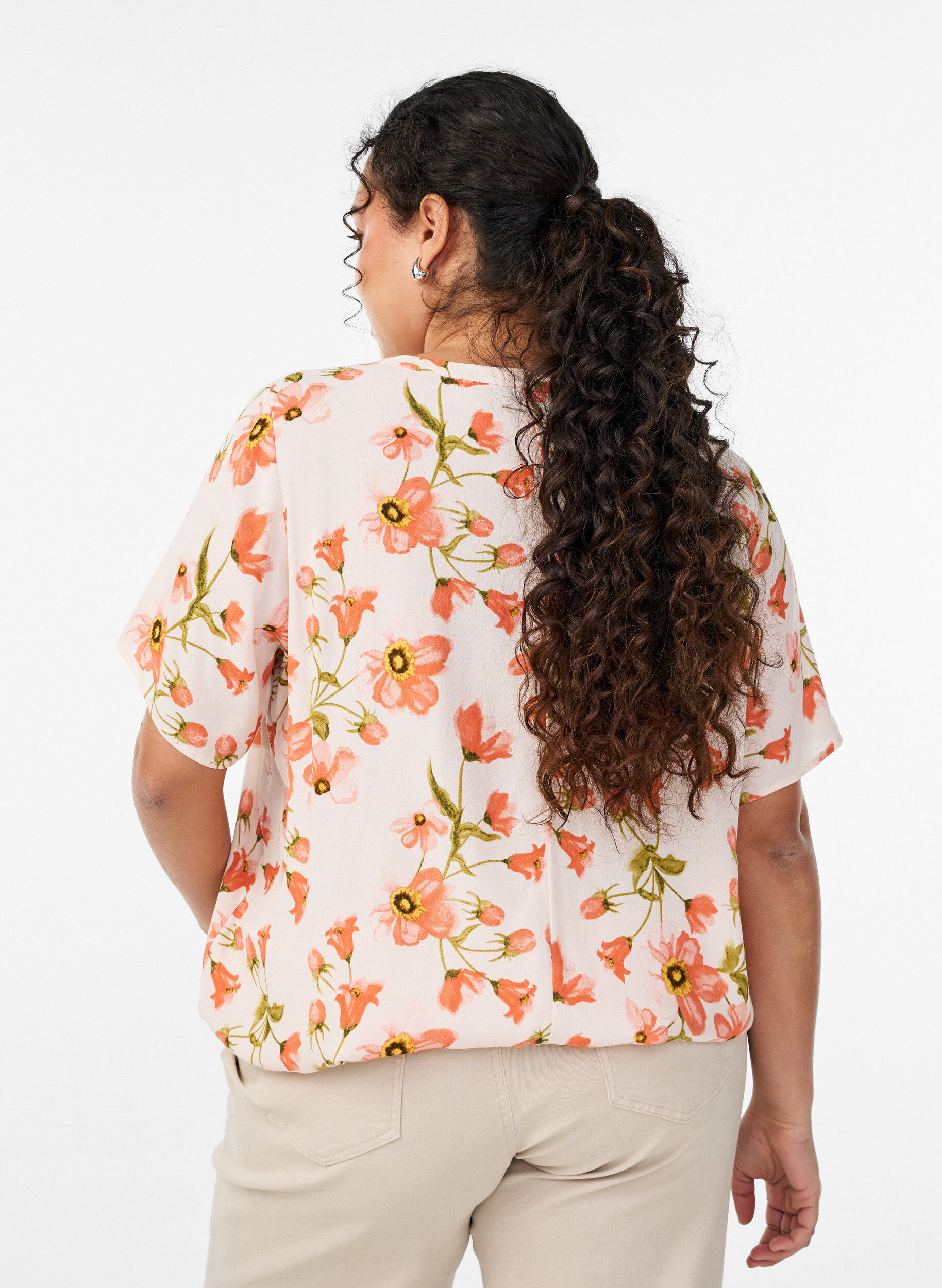 ZizziViscose blouse met bloemenprint en korte mouwen, Vanille, Model image number 2