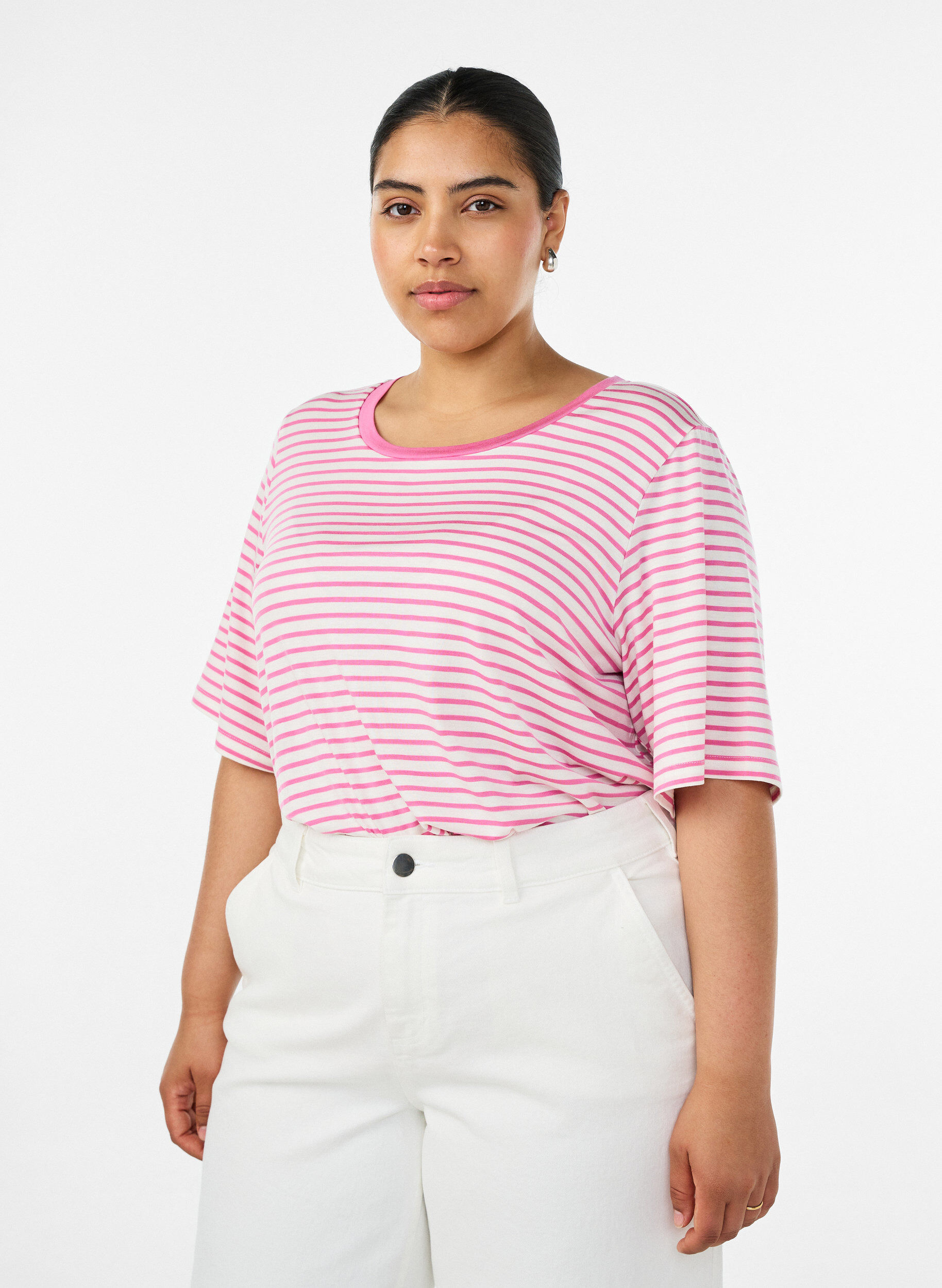 T-shirt met TENCEL&trade; Lyocell en strepen, Roze, Model