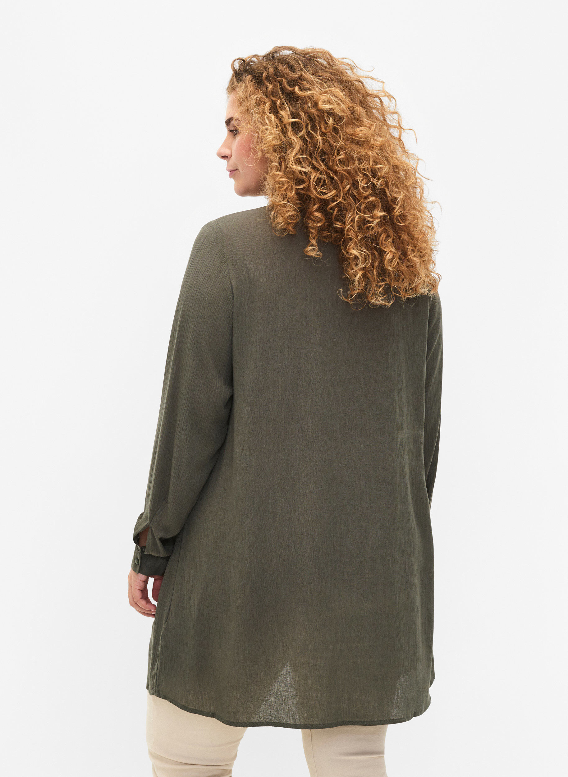 ZizziLang viscose overhemd met lange mouwen, Groen, Model image number 2