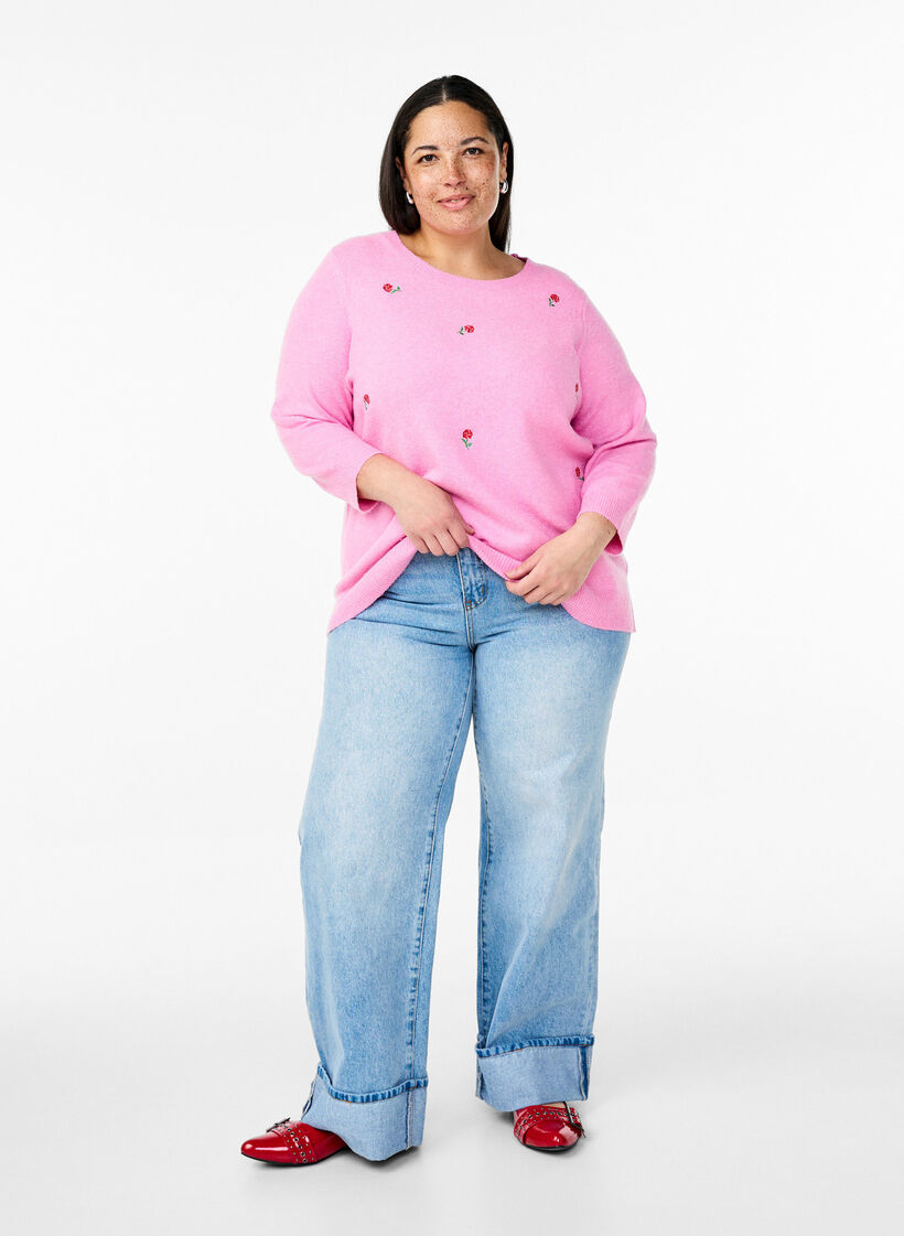 Gebreide blouse met bloemen en 3/4 mouwen, Begonia Pink Mel., Model