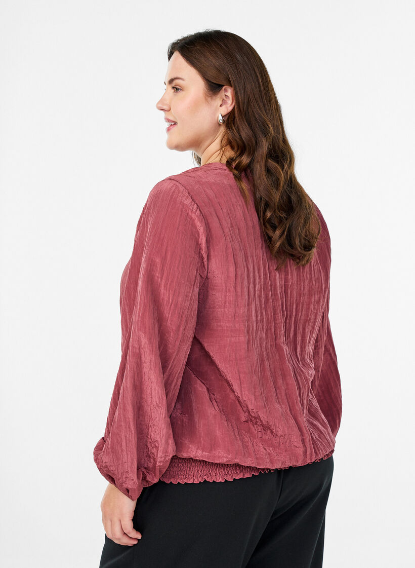 Blouse met V-hals en gekreukte textuur, Roze, Model image number 2