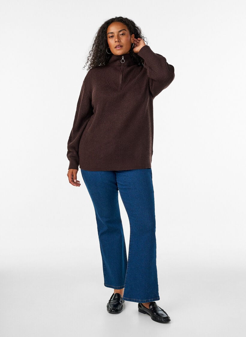 Gebreide trui met hoge hals en rits, Bruin, Model image number 1