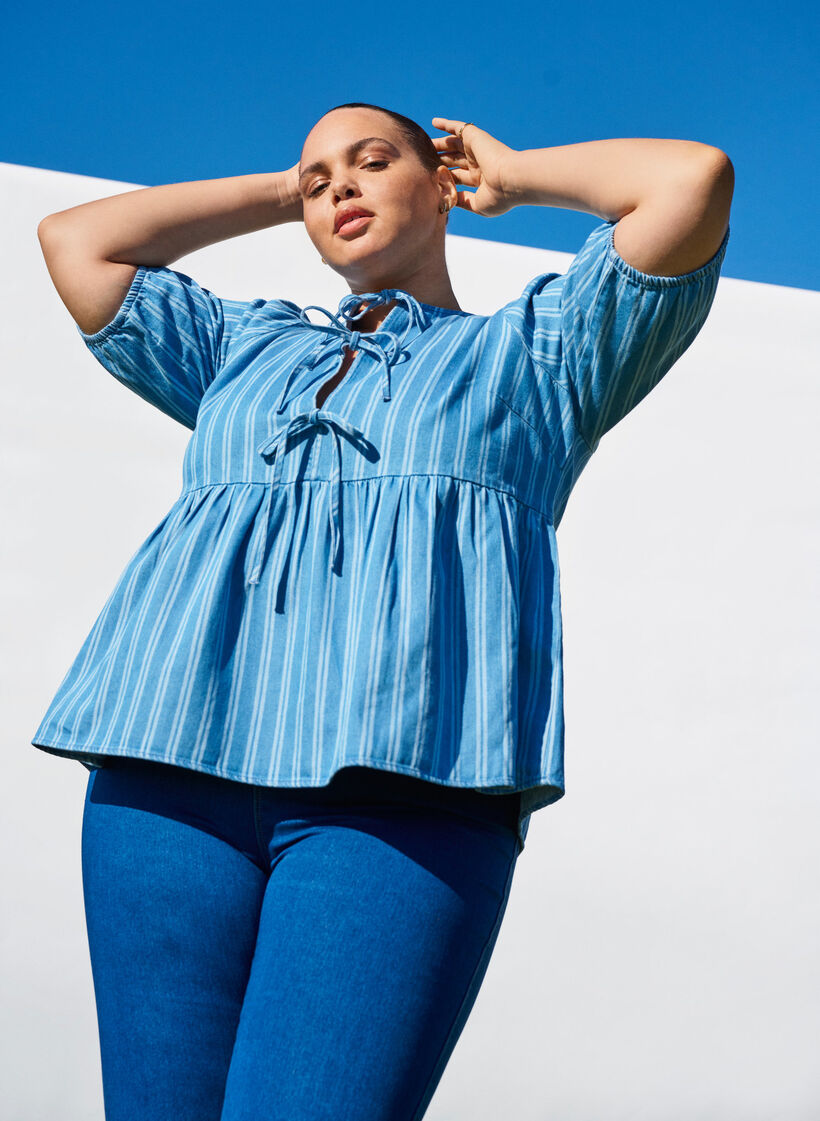 Denim blouse met korte mouwen en streeppatroon, Blue Denim Stripe, Image