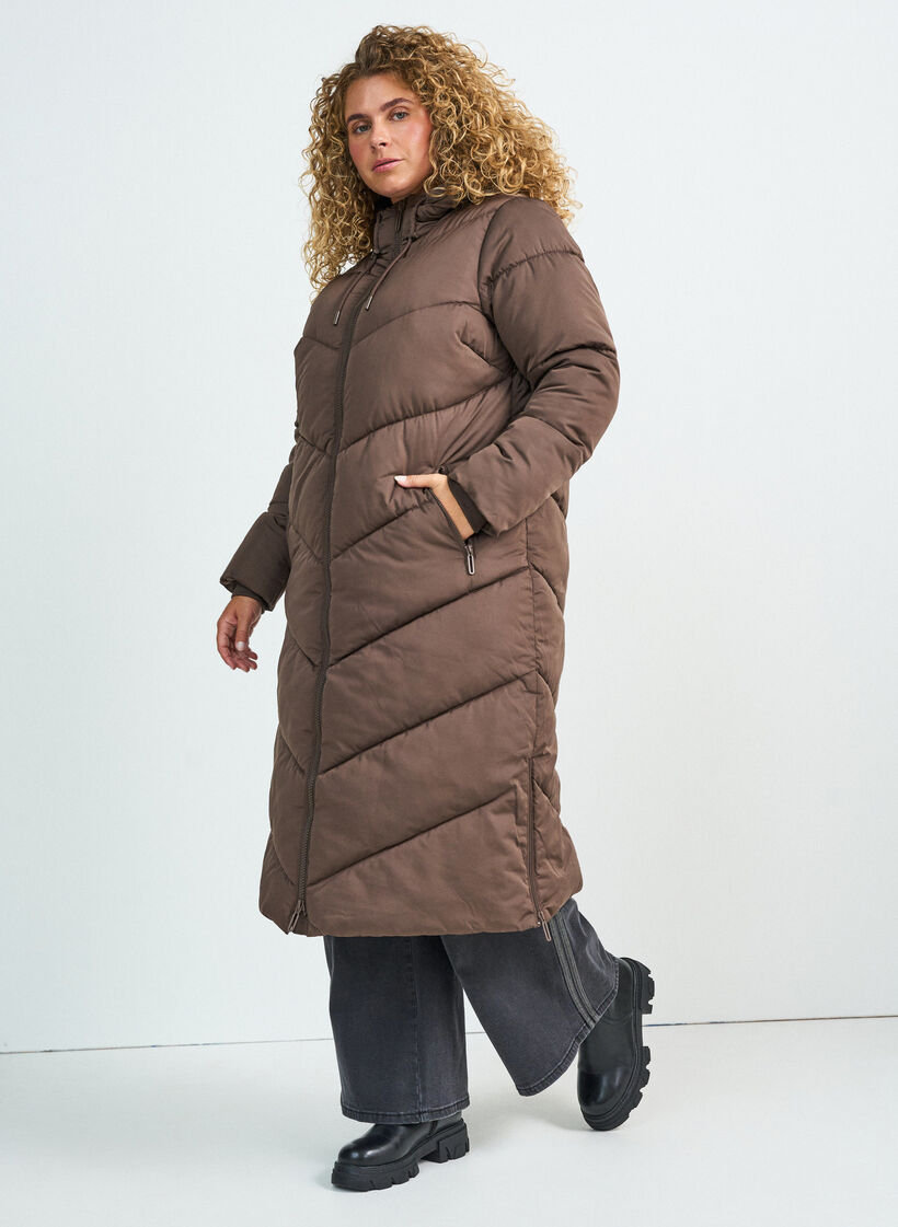 Lange pufferjas met capuchon en zakken, Bruin, Model image number 0
