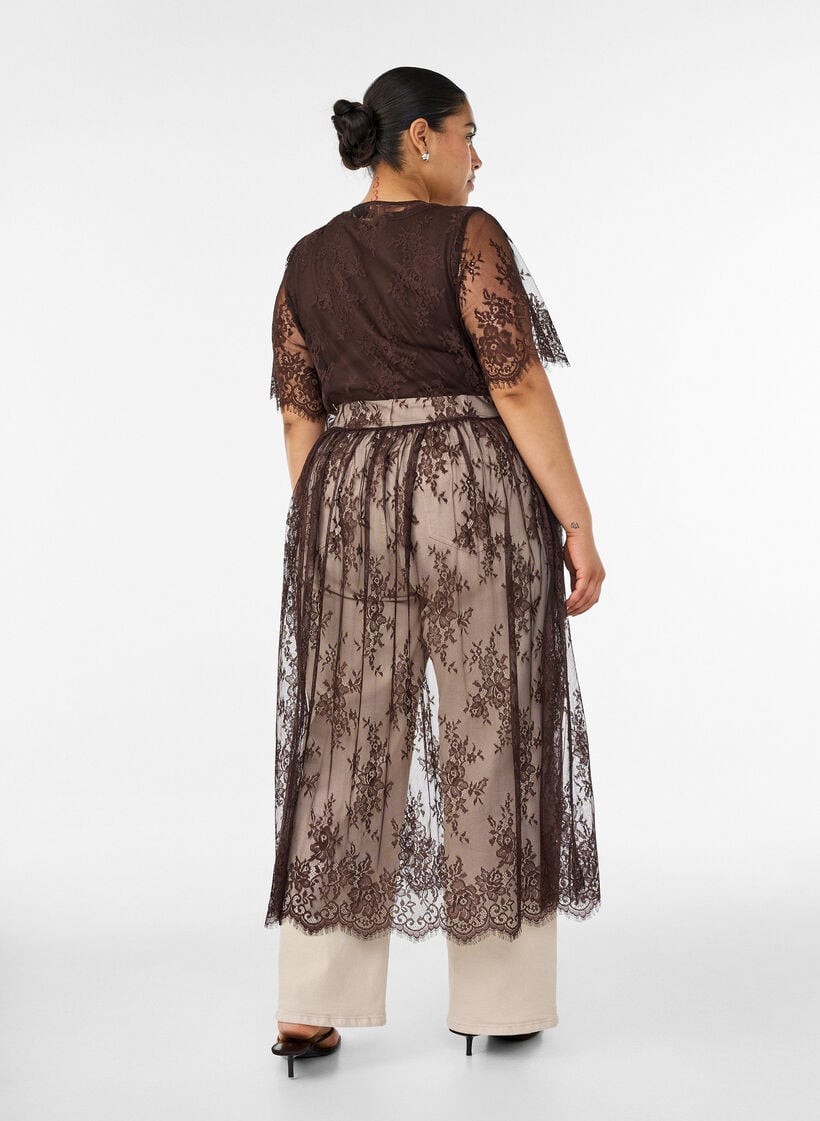 Kanten midi jurk met korte mouwen van doorschijnende kant, Bruin, Model image number 1
