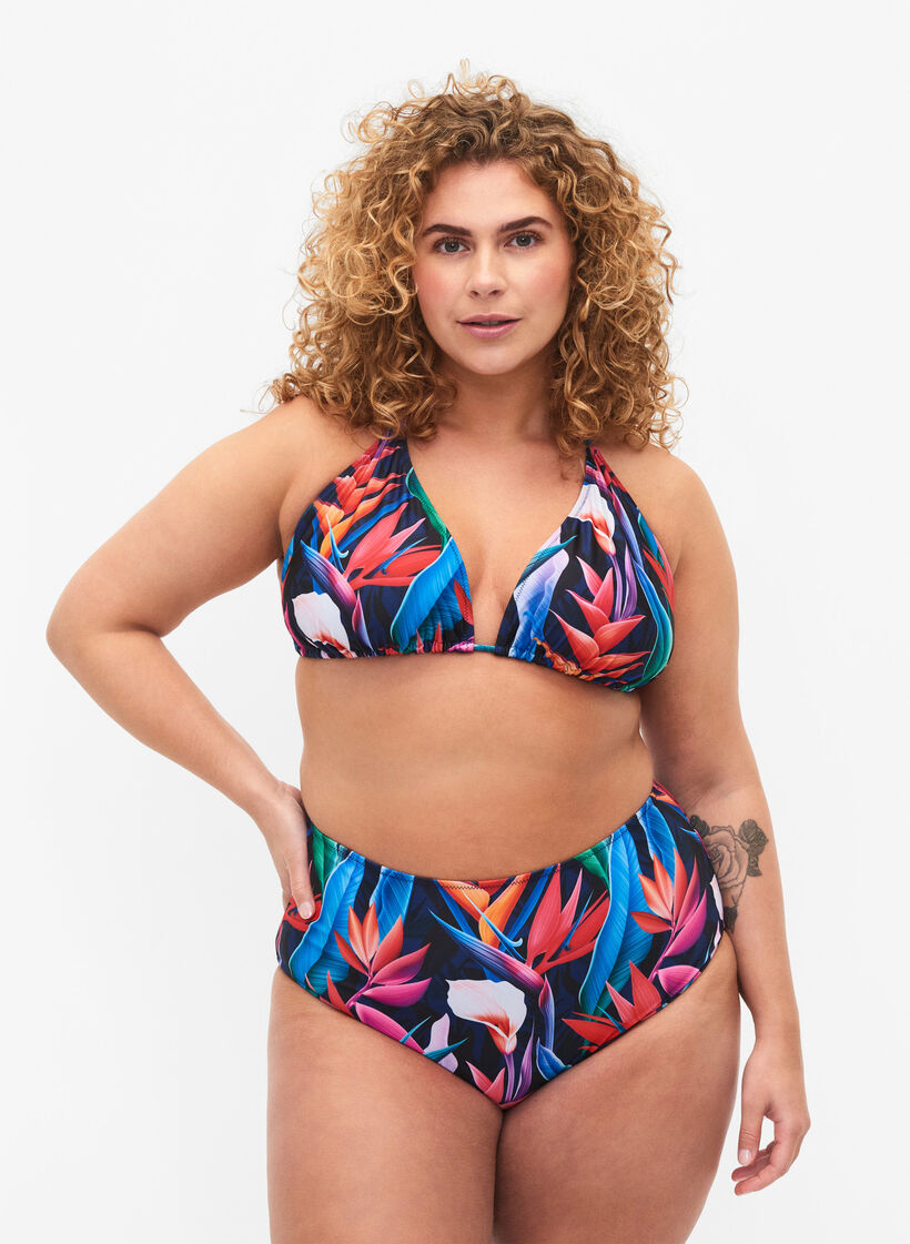 Bikinibroekje met print en hoge taille, Blauw, Model image number 0