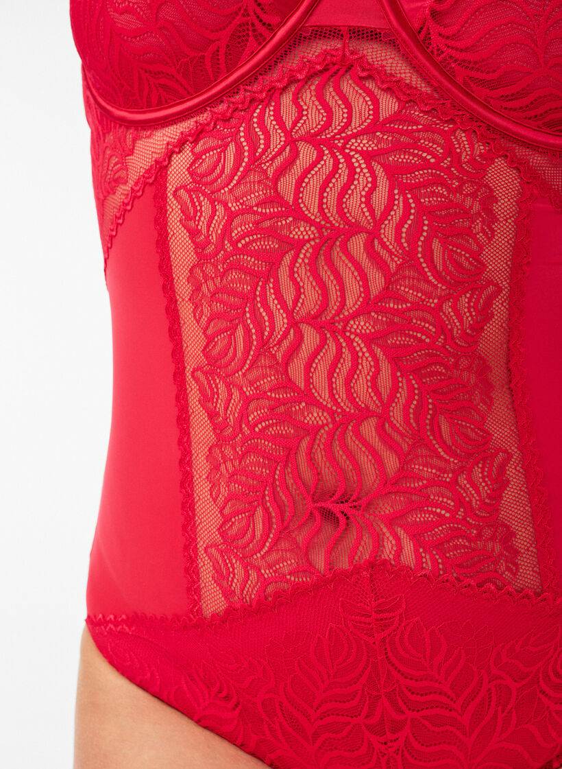 Bodystocking met kant- en satijndetail, Rood, Model image number 2