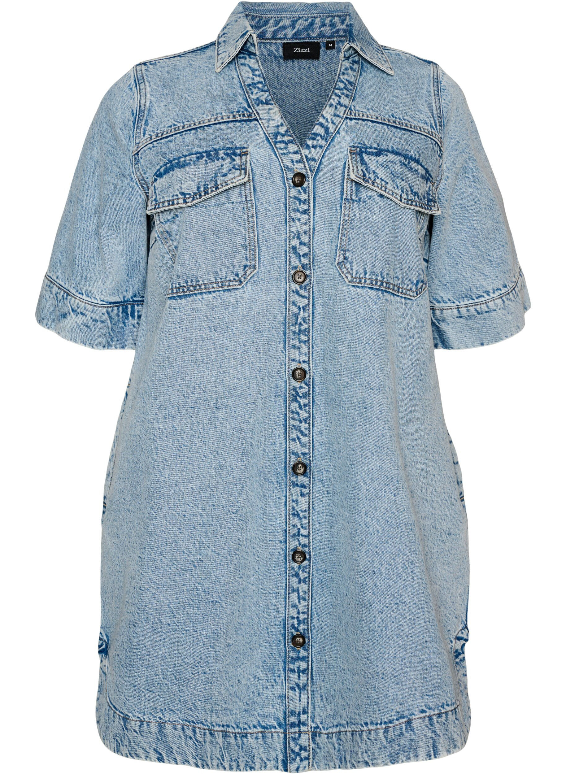 Kortemouwen denim jurk met kraag en knoopsluiting