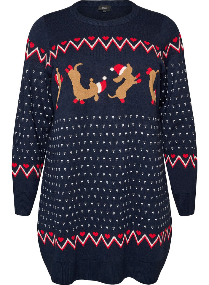 Korte gebreide jurk met kerstmotief, Blauw, Packshot image number 0