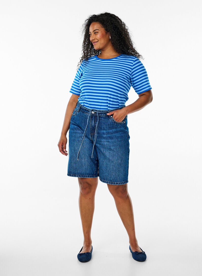 Gestreept T-shirt met geribbelde textuur, Blauw, Model image number 1