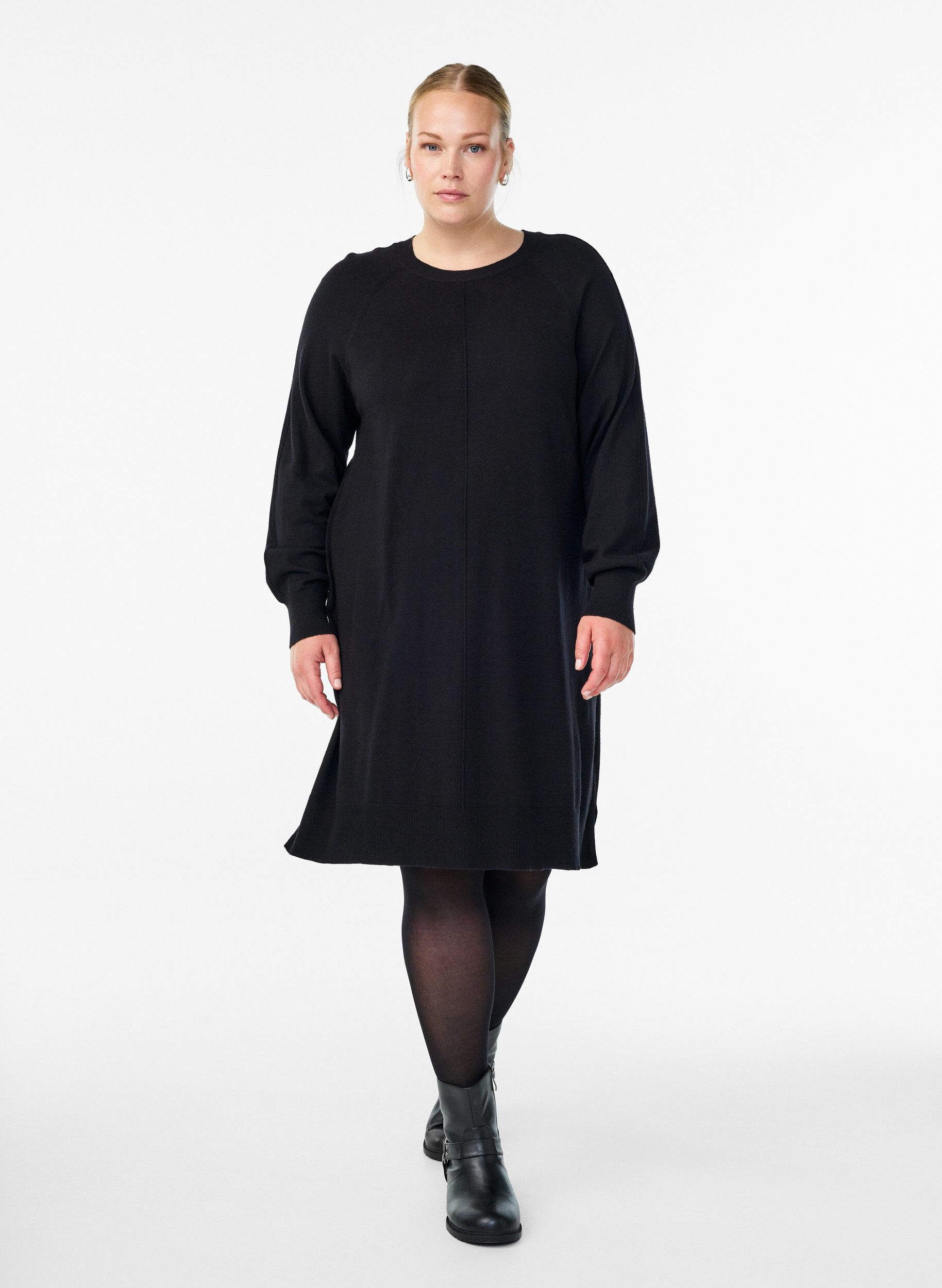 ZizziKorte gebreide jurk met raglanmouwen en een middennaad, Zwart, Model image number 1