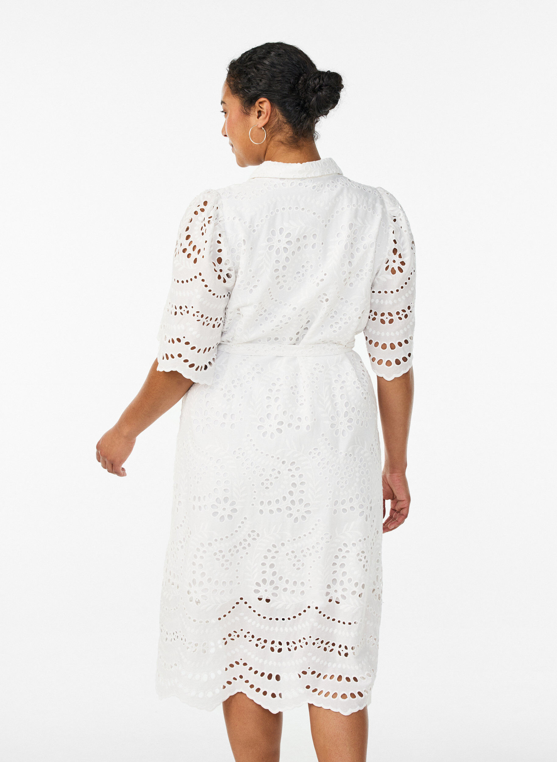 ZizziBlousejurk in broderie anglaise met strikceintuur, Wit, Model image number 2