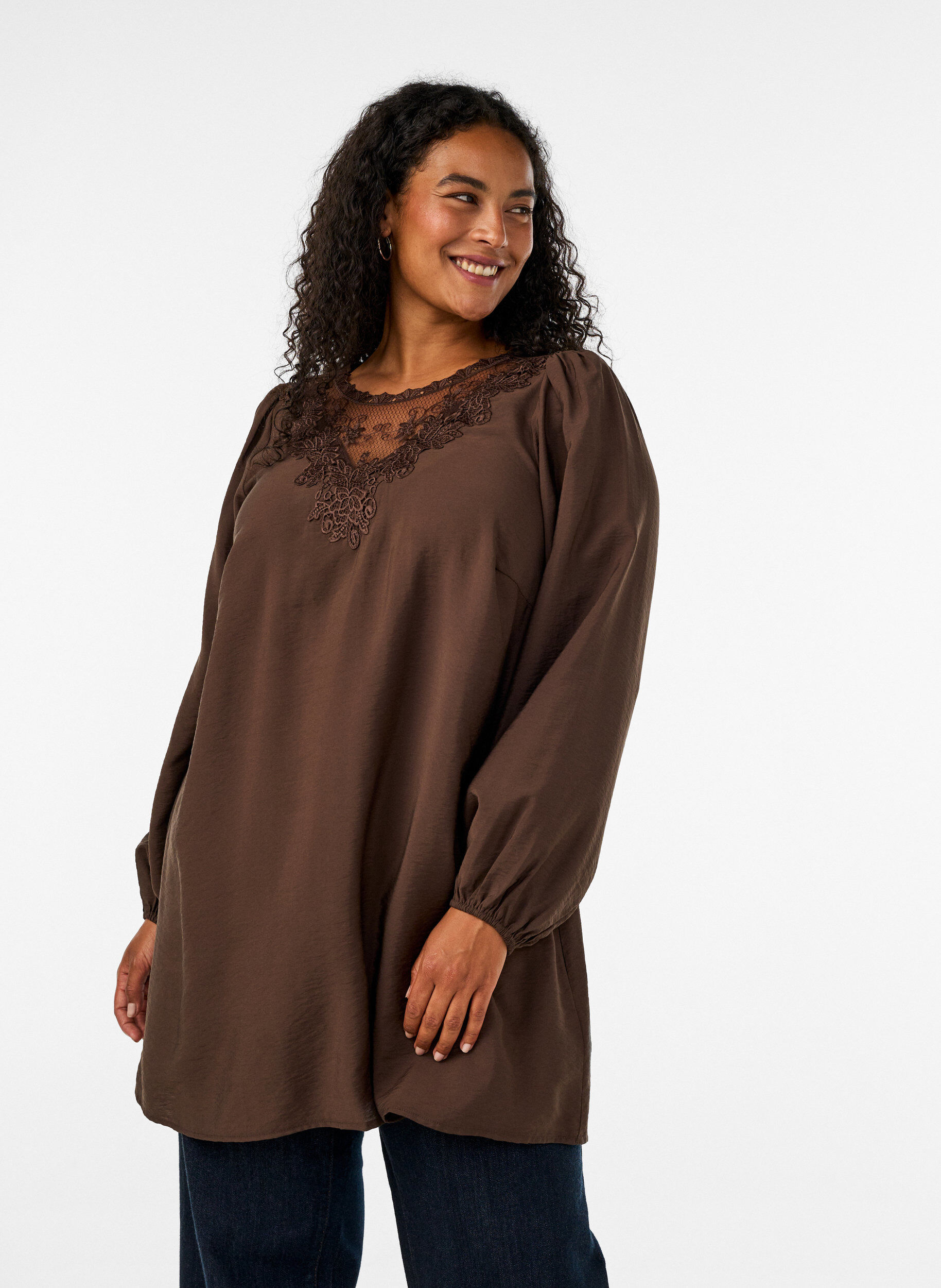 Viscose tuniek met kanten detail, Bruin, Model