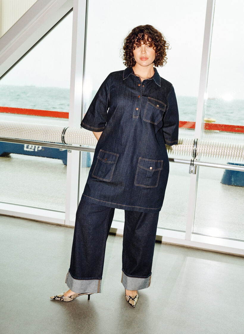 Denim jurk met grote zakken en 3/4 mouwen, Blauw, Image image number 0