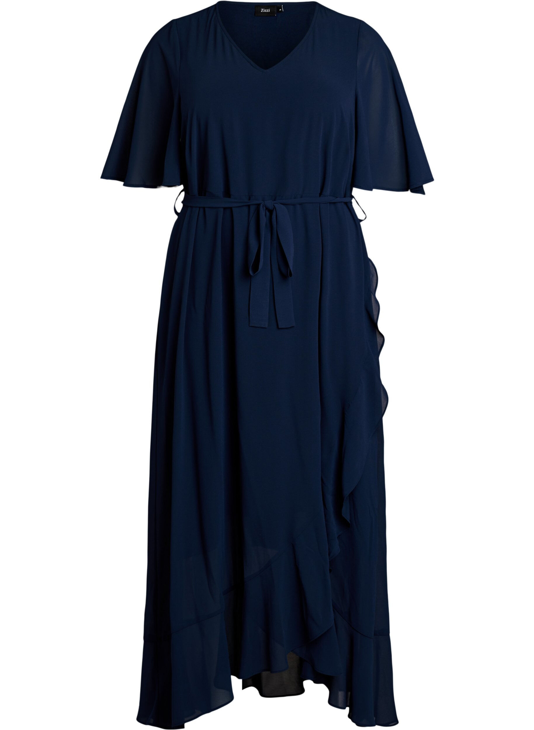 ZizziChiffon maxi-jurk met een V-hals en ruches aan de zoom, Blauw, Packshot image number 0