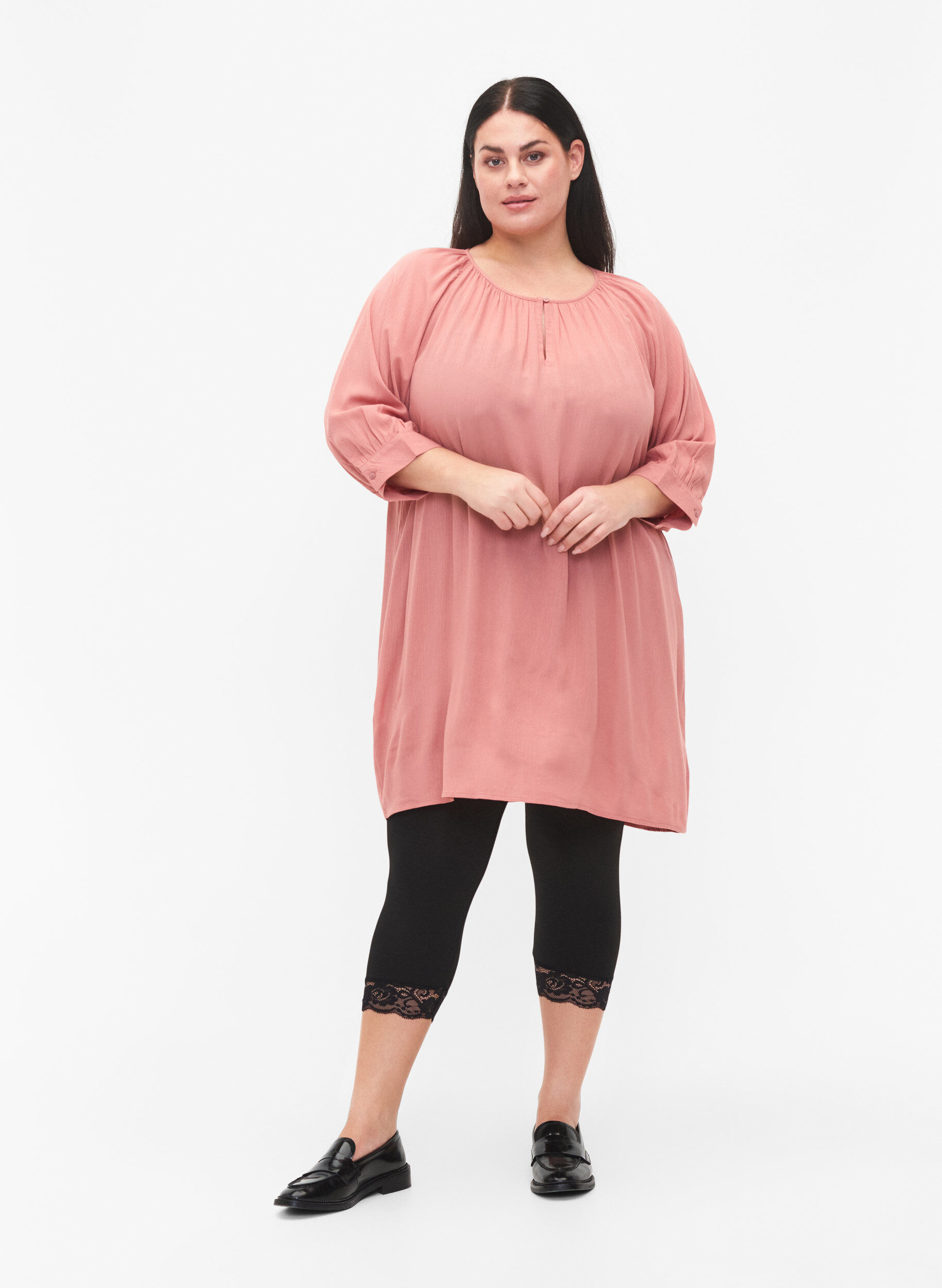 2 paar 3/4 leggings met kanten randje, Black / Black, Model