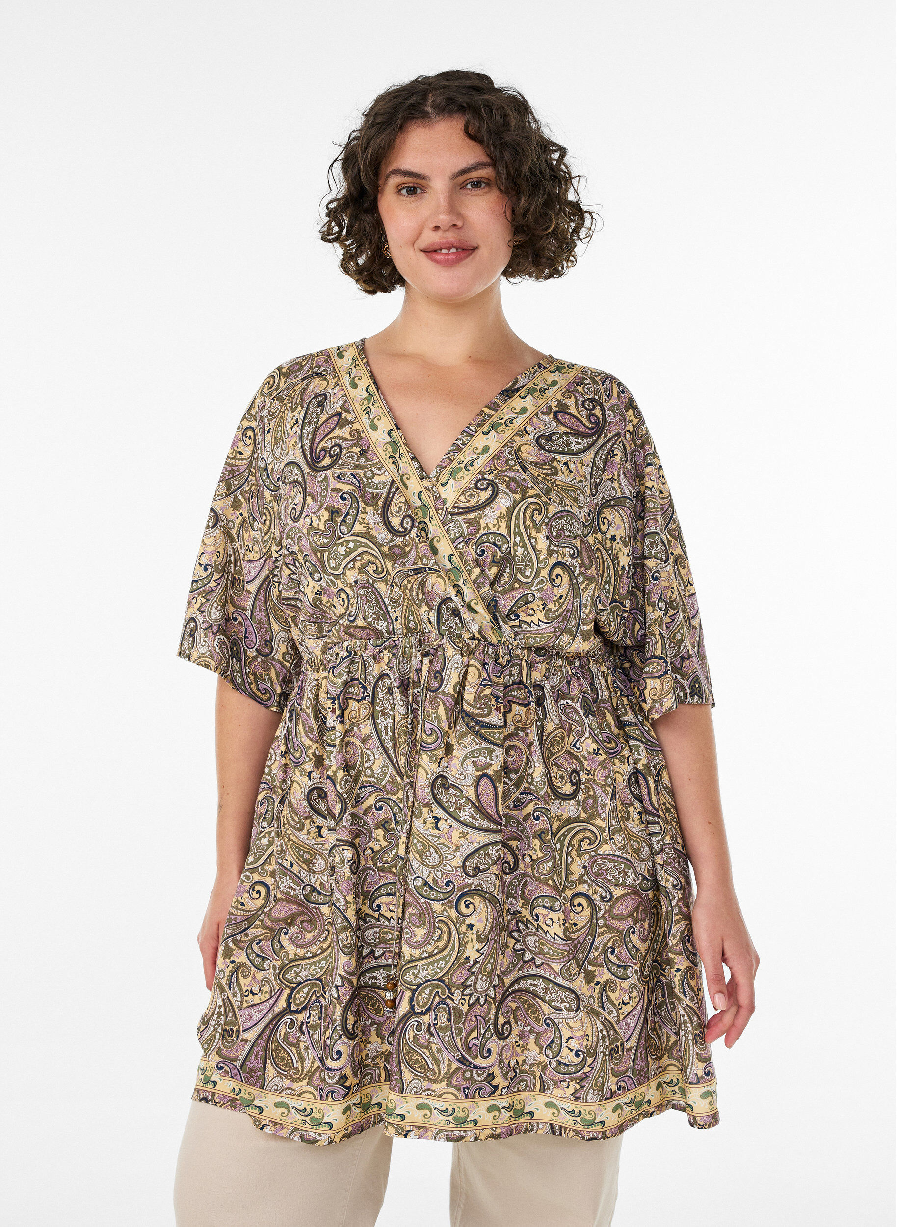 Viscose tuniek met paisleyprint en aantrekkoord, Geel, Model