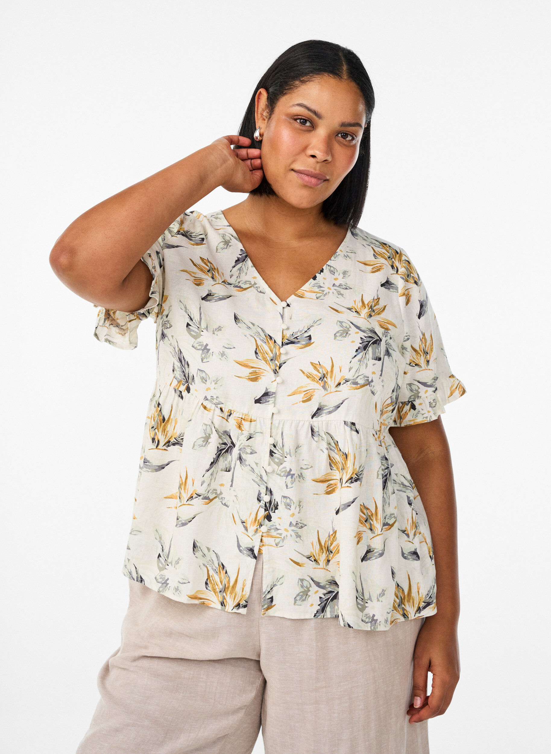 Blouse in linnen en viscose met een V-hals en knoopsluiting, Wit, Model