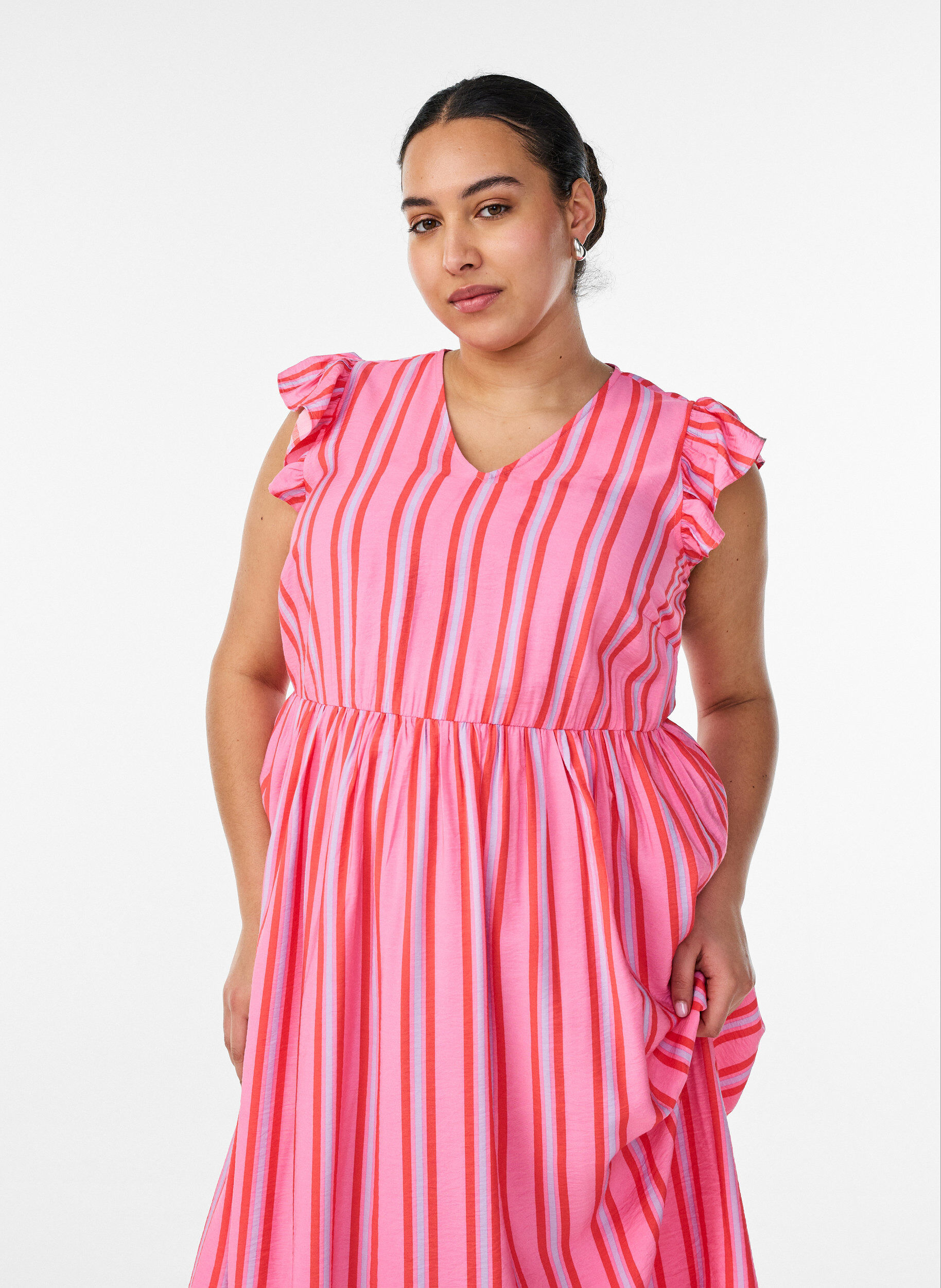 ZizziRobe midi &agrave; rayures avec coupe empire et volants, Rose, Model image number 2