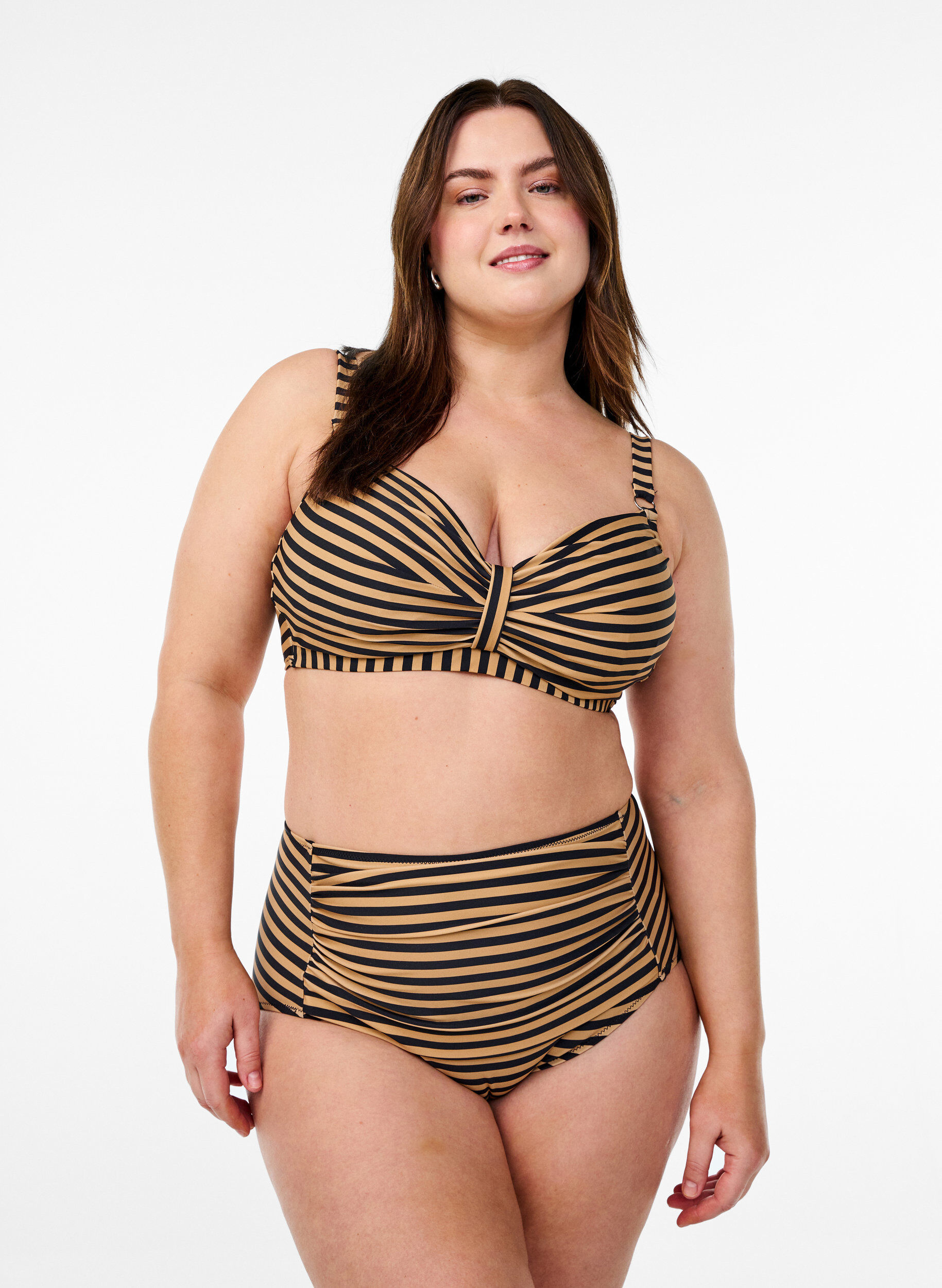 ZizziHoge taille bikinibroekjes met strepen, Bruin, Model image number 0