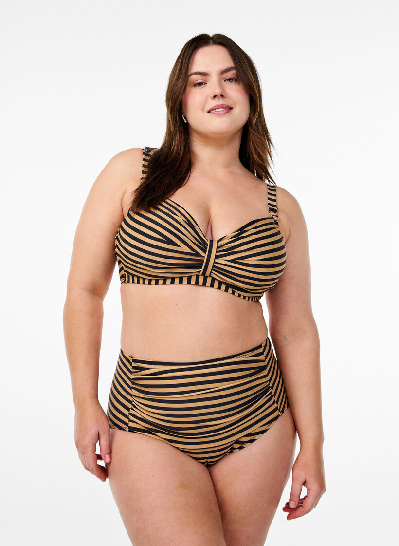 Hoge taille bikinibroekjes met strepen, Bruin, Model image number 0
