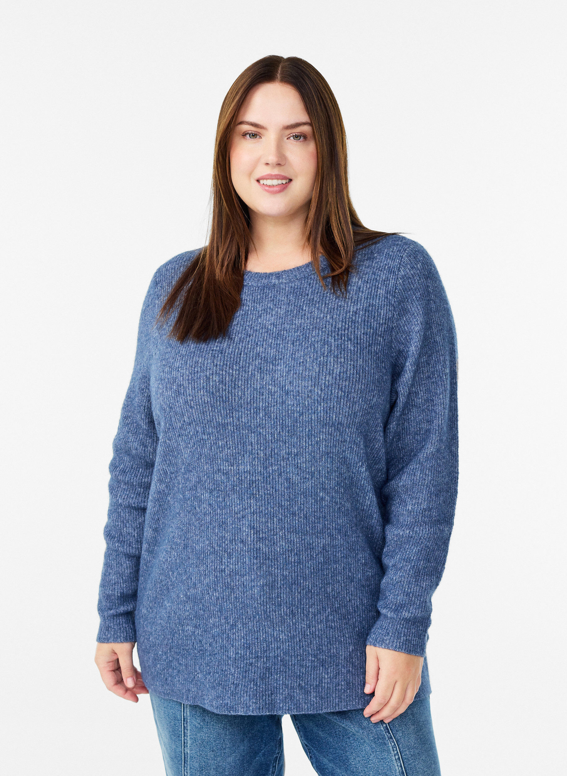 Gem&ecirc;leerde gebreide blouse met ronde hals, Blauw, Model