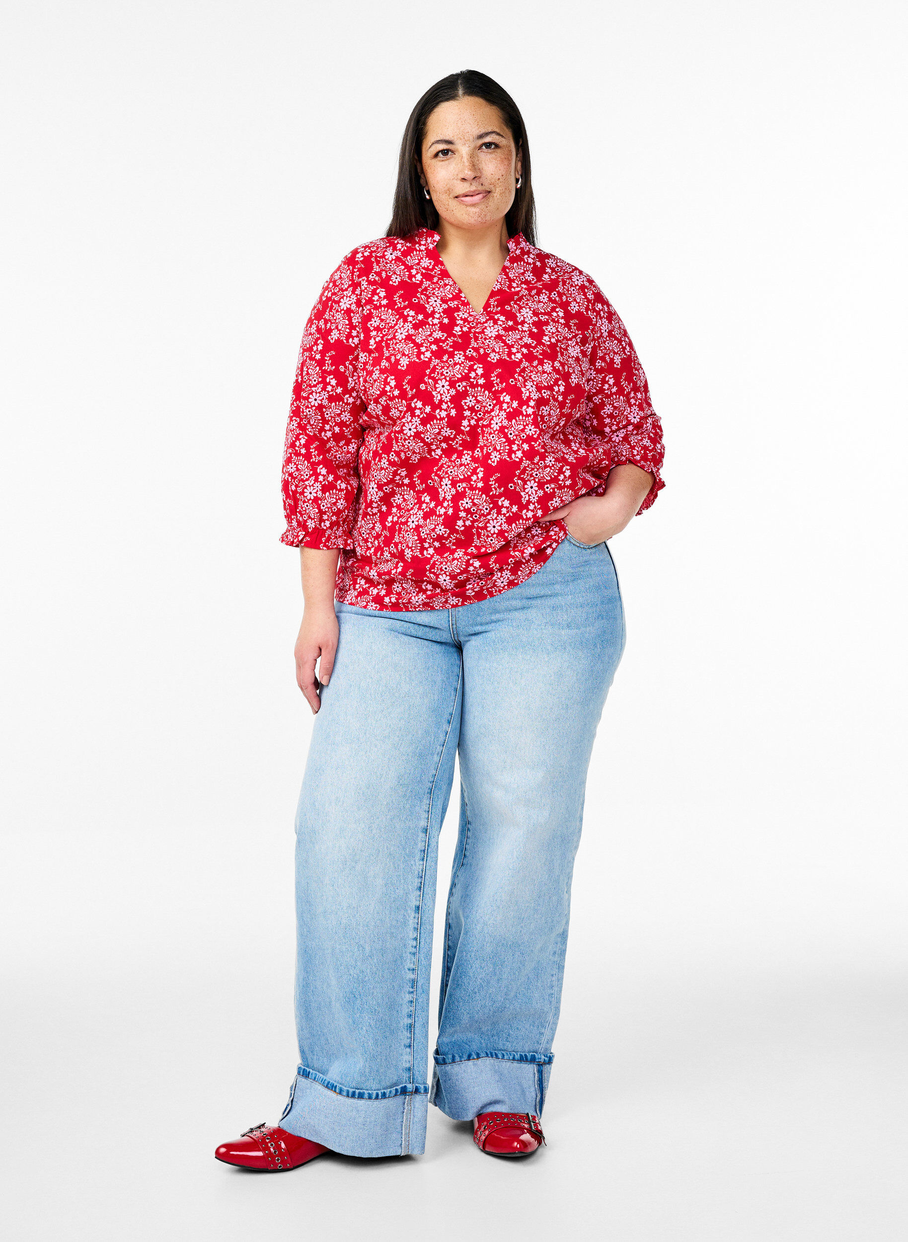 ZizziKatoenen blouse met bloemenprint, Rood, Model image number 1