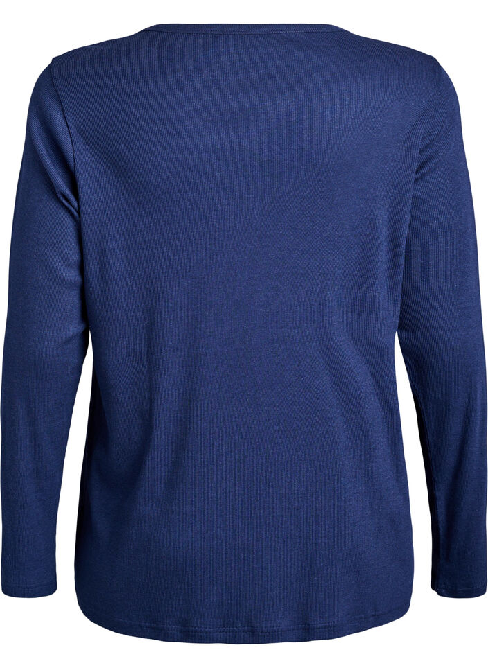 Geribde nacht top met lange mouwen en knopen, Blauw, Packshot