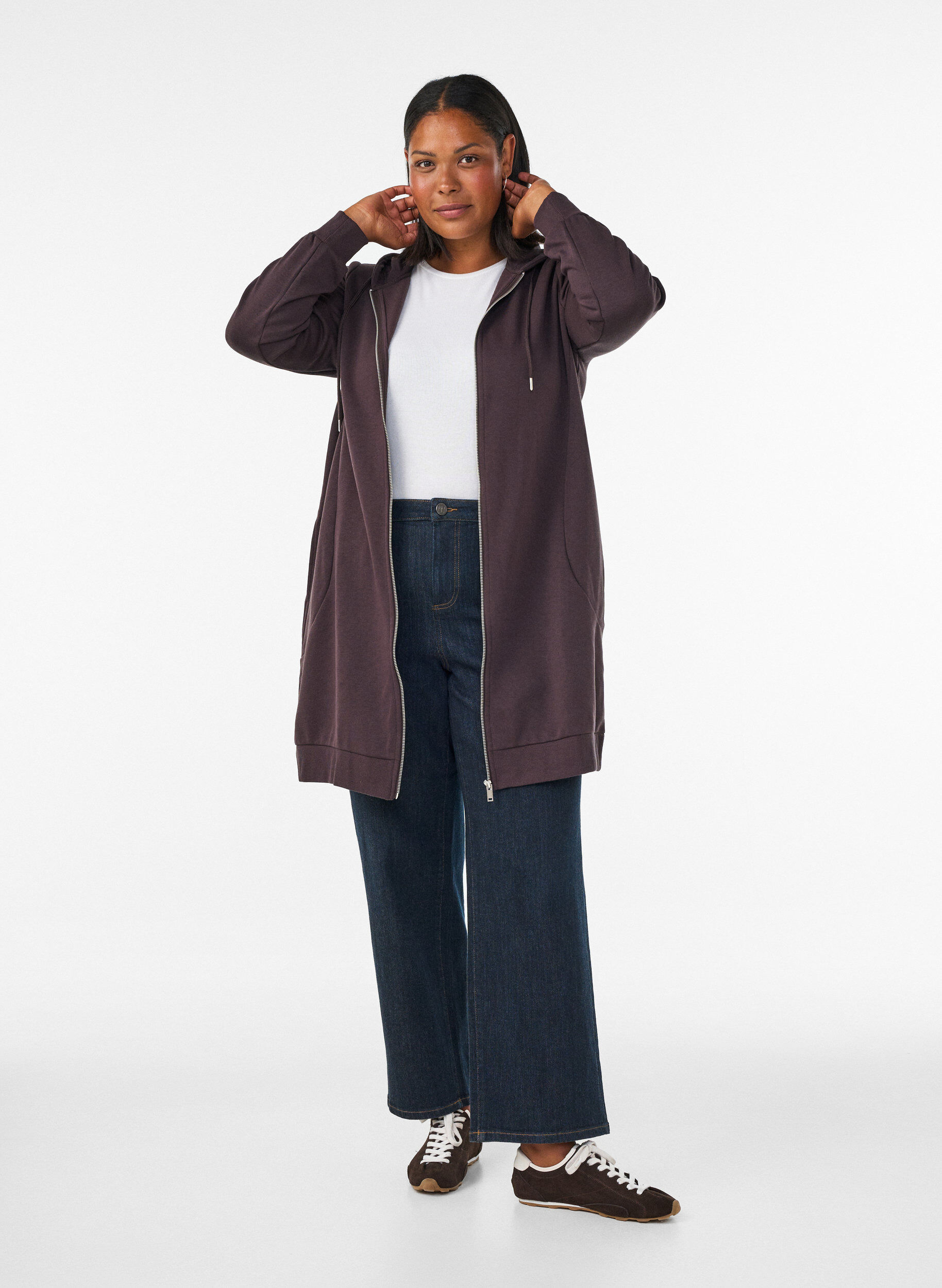 ZizziLange hoodie met ritssluiting en zakken, Bruin, Model image number 1